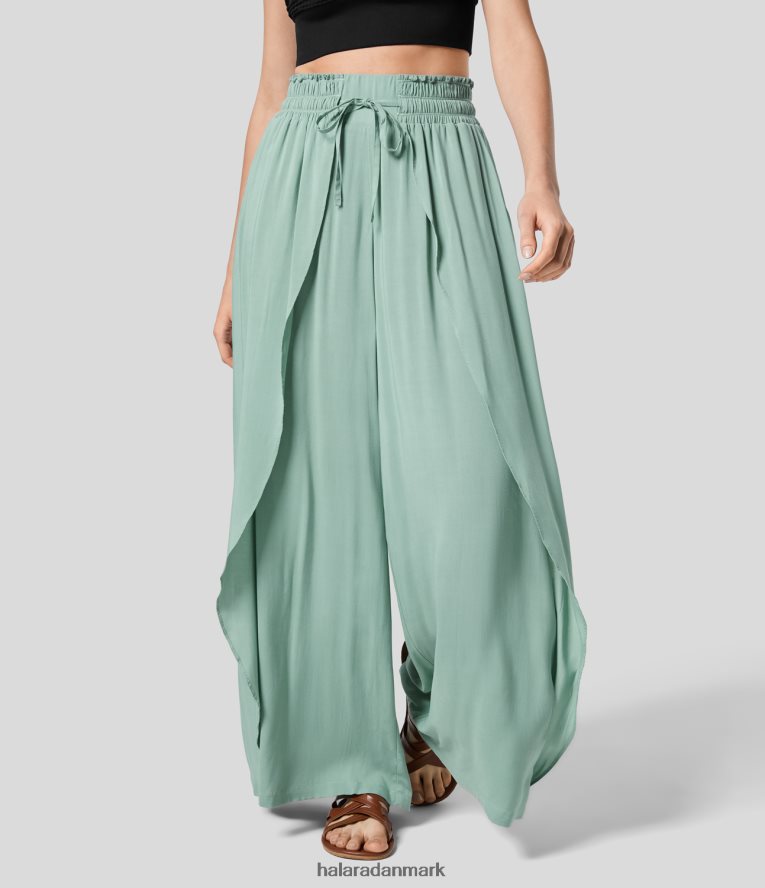 tøj dk Halara Kvinder højtaljet flæse-snøre, flettet sidelomme med brede ben, flydende palazzo afslappede bukser røgfarvet cyan TH606J151
