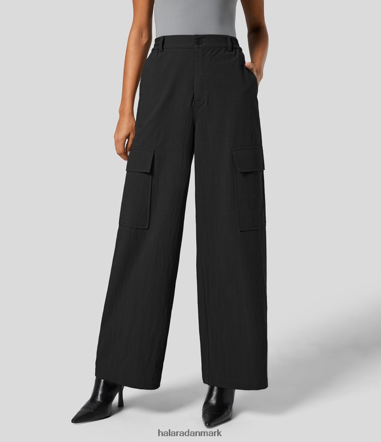 tøj dk Halara Kvinder højtaljet knaplynlås flere lommer med brede ben i bomuldsbukser sort TH606J210