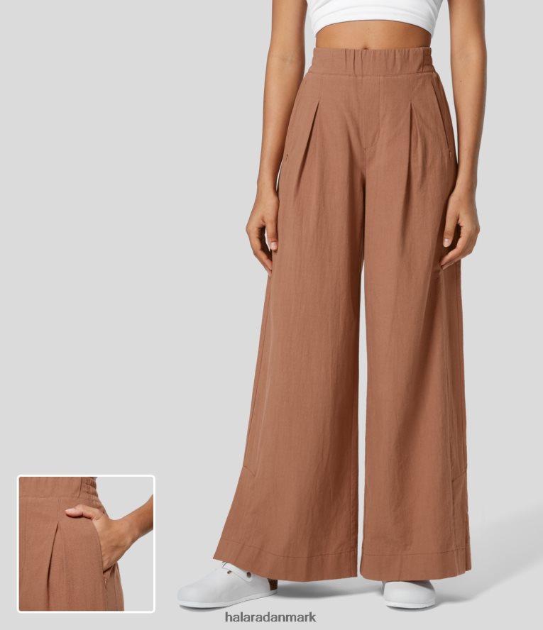 tøj dk Halara Kvinder højtaljet plet lynlås sidelomme split søm brede ben palazzo casual bomuldsbukser rustrød TH606J174