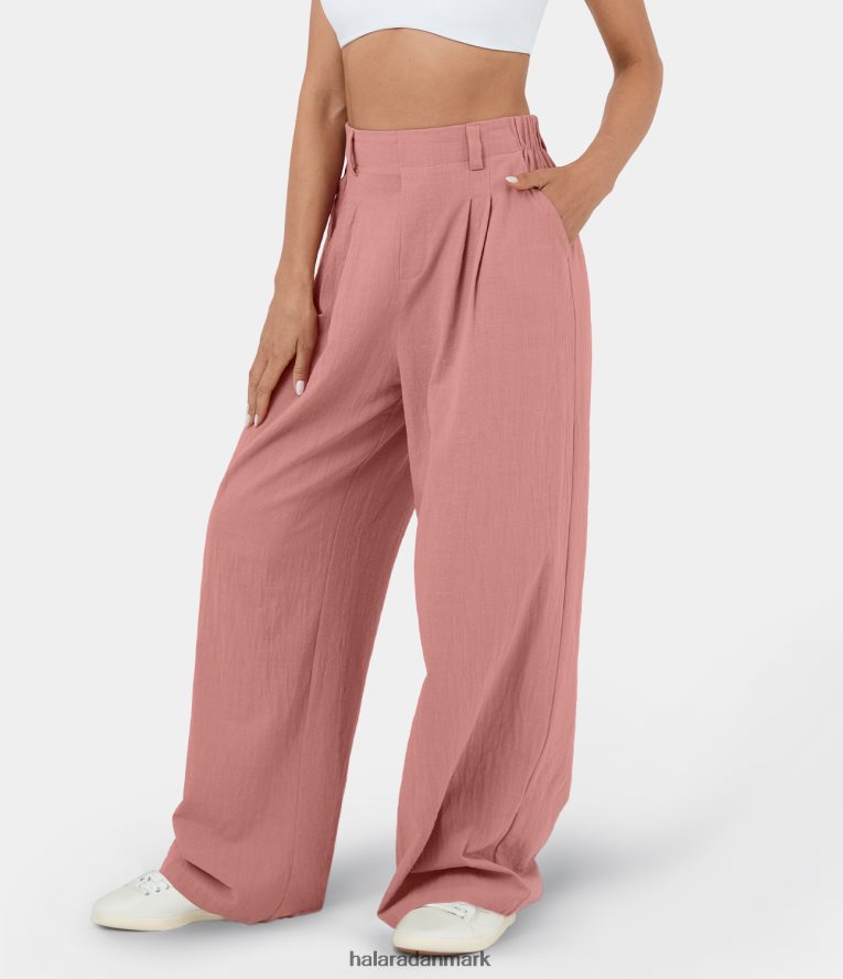 tøj dk Halara Kvinder højtaljet pletsidelomme med brede ben flydende solide palazzo afslappede bomuldsbukser roset TH606J114