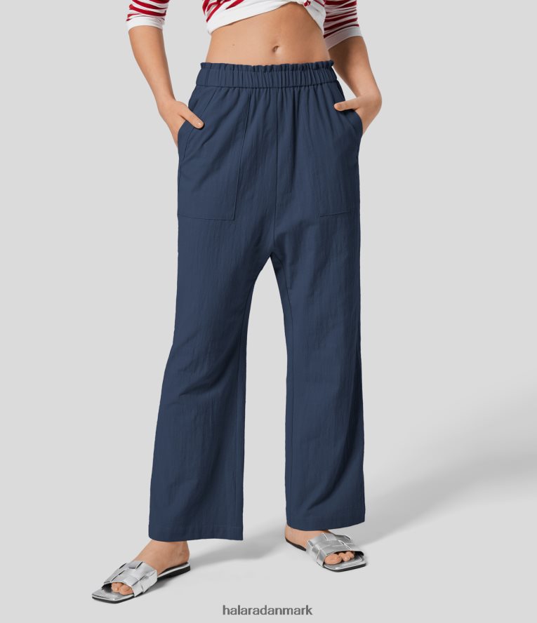 tøj dk Halara Kvinder lav talje flæse flere lommer resort bomuld harem bukser insignier blå TH606J484