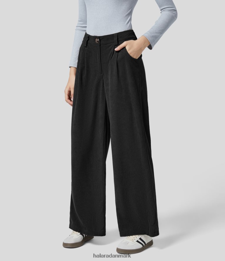 tøj dk Halara Kvinder lynlås-sidelomme med mellemhøj forhøjning af solide fløjlsbukser med brede ben sort TH606J182