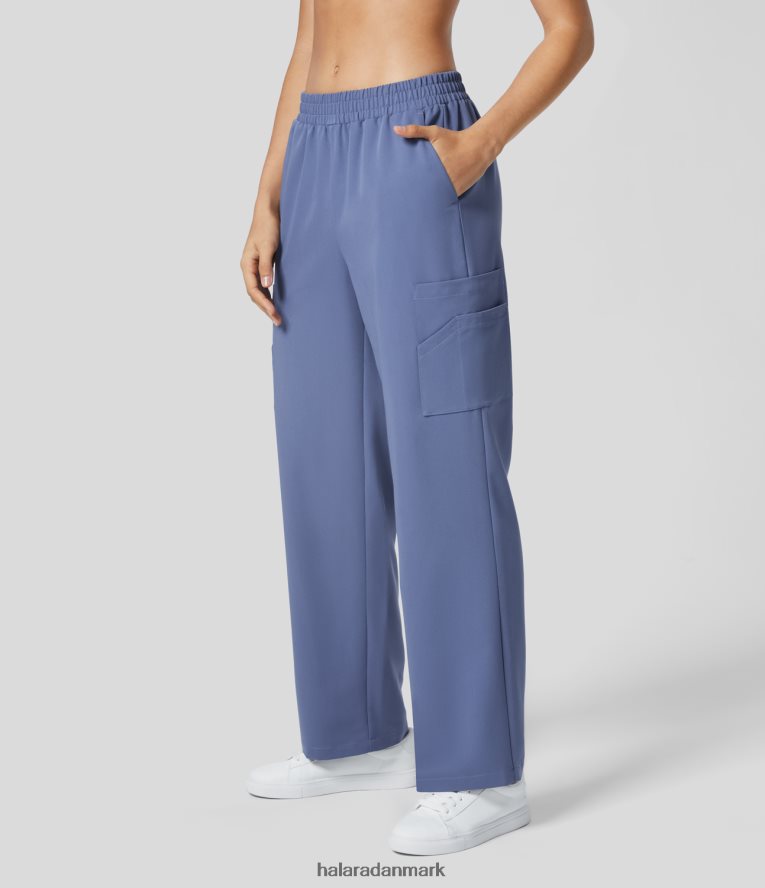 tøj dk Halara Kvinder mellemhøj elastisk linning flere lommer arbejdsbukser med lige ben bleget denim TH606J426