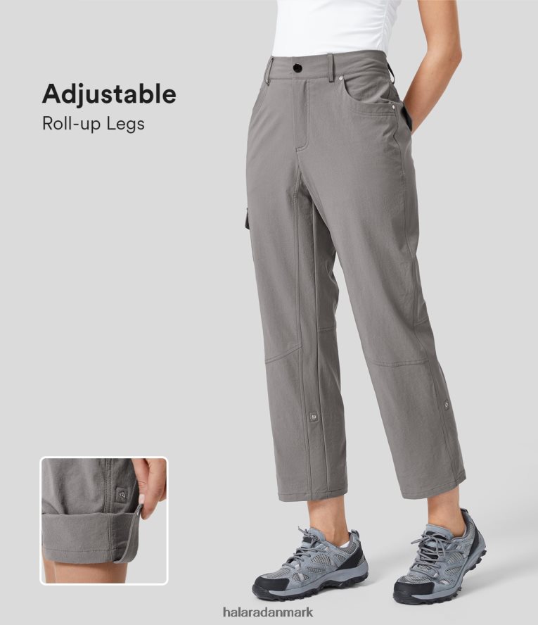 tøj dk Halara Kvinder mellemhøj elastisk linning knap lynlås sidelomme justerbare arbejdsbukser med oprullede ben skybrud TH606J407