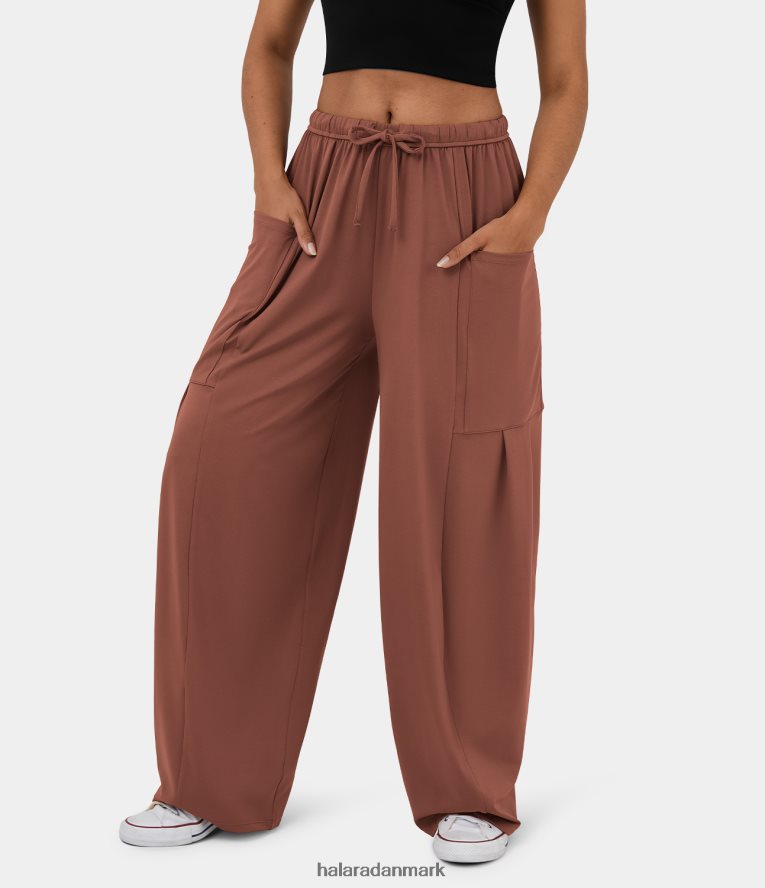 tøj dk Halara Kvinder mellemhøj elastisk linning med snøre i sidelomme palazzo flydende afslappede bukser med brede ben ahornsirup TH606J117