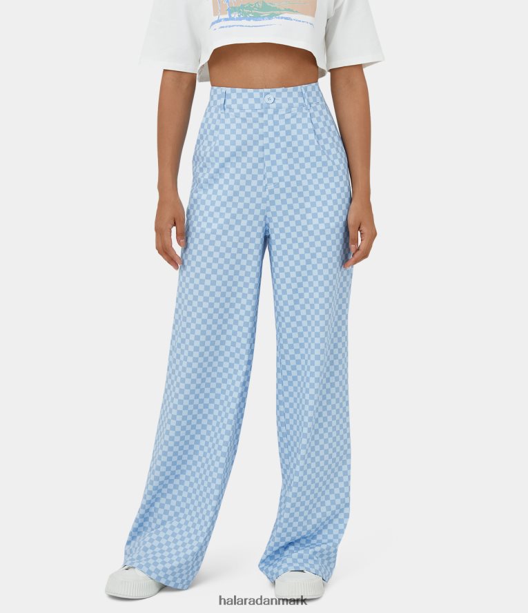 tøj dk Halara Kvinder mellemhøj knap lynlås sidelomme plaid bukser med brede ben blå firkant TH606J200