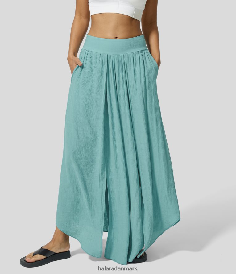 tøj dk Halara Kvinder mellemhøj sidelomme flydende afslappede bukser med split-brede ben nilen blå TH606J203