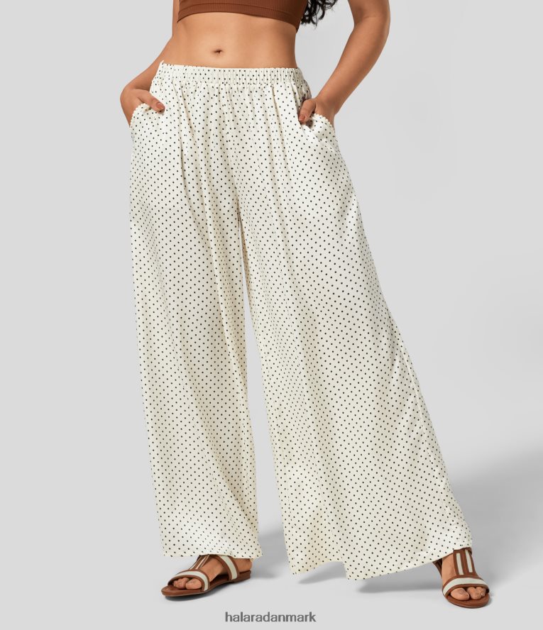 tøj dk Halara Kvinder mellemhøjde plikeret sidelomme polkaprikkede flydende resortbukser med brede ben lyse beige prikker TH606J163