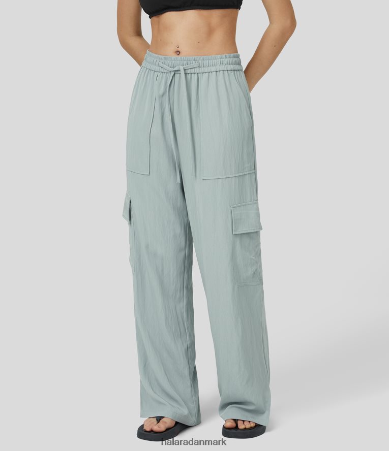 tøj dk Halara Kvinder mellemhøjde snøre flere lommer split brede ben casual cargo bomuldsbukser havnegrå TH606J181