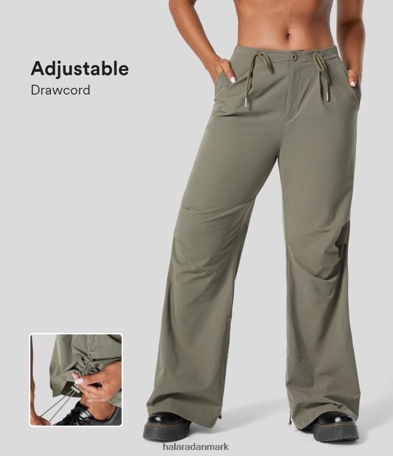 tøj dk Halara Kvinder mellemhøjde snøre i sidelomme med ruched justerbar søm casual cargo flare bukser vetiver TH606J251
