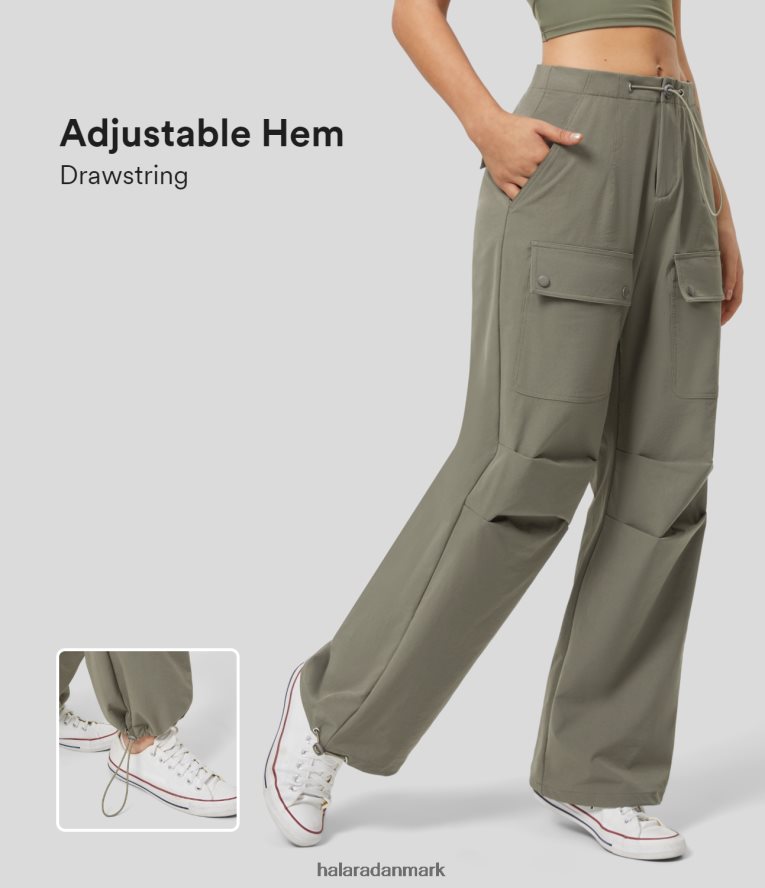 tøj dk Halara Kvinder mellemhøje flere lommer ruched justerbar snøre kant brede ben casual cargo bukser vetiver TH606J184