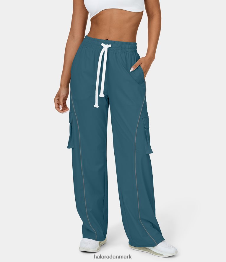 tøj dk Halara Kvinder reflekterende lav talje snøre flere lommer brede ben kontrast trim casual cargo bukser guldsmed TH606J144