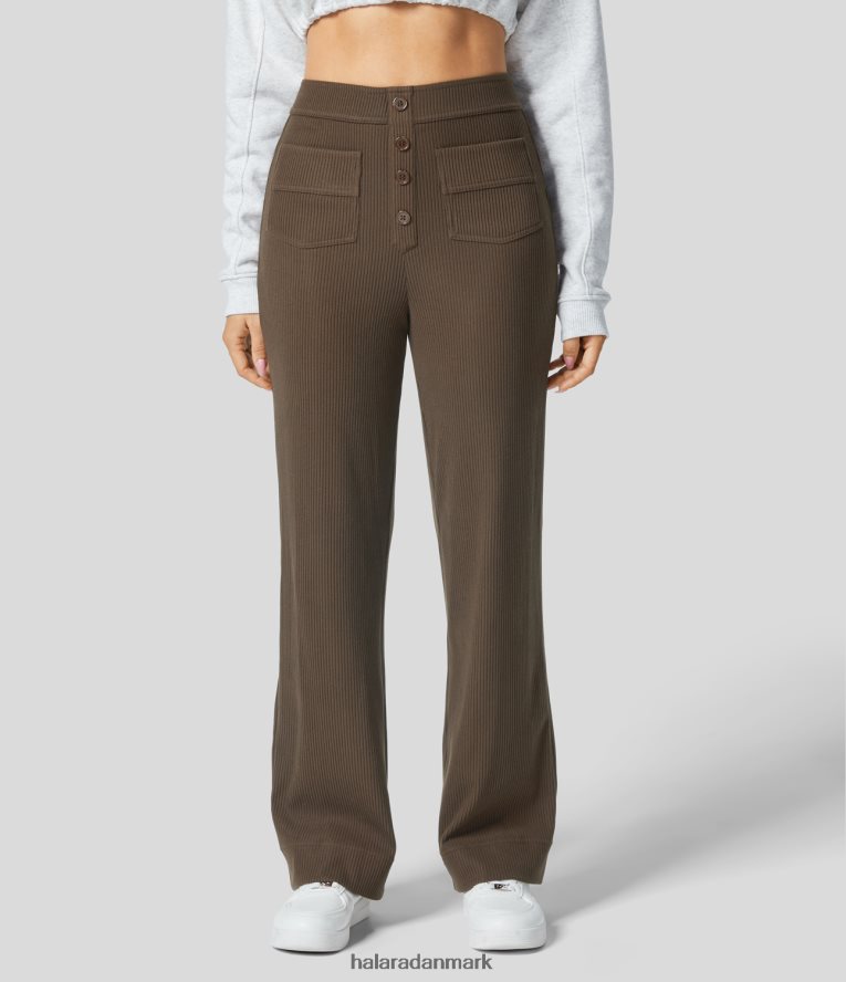 tøj dk Halara Kvinder ribstrikket højaljede knap flere lommer afslappede bukser med lige ben tyk jordbrun TH606J478