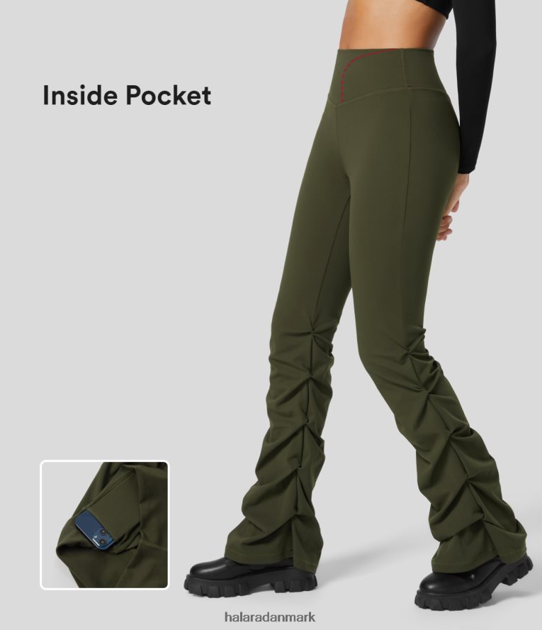 tøj dk Halara Kvinder softlyzero eco højtaljede indvendig lomme lagdelte ruched casual flare bukser skovnat TH606J333