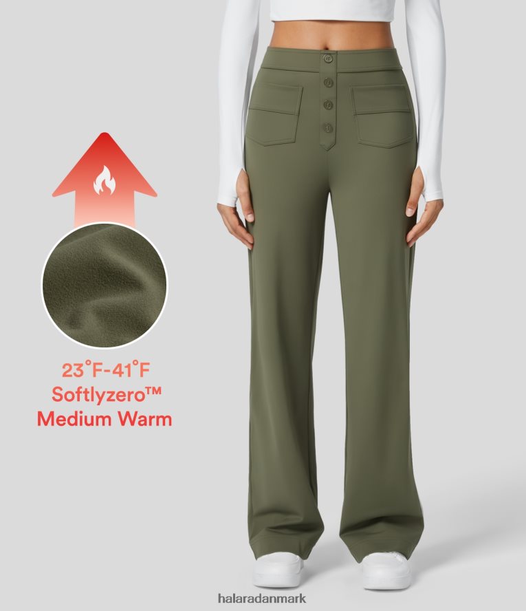 tøj dk Halara Kvinder softlyzero fleece højtaljede knap flere lommer afslappede bukser med lige ben græs grågrøn TH606J452