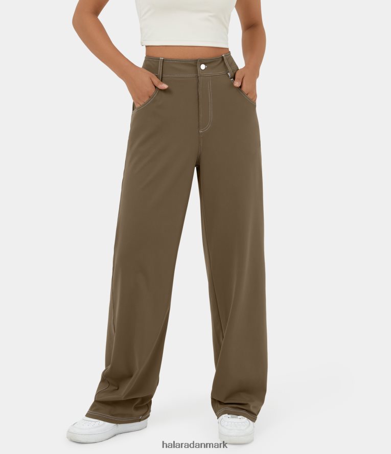 tøj dk Halara Kvinder softlyzero luftige højtaljede knaplynlås flere lommer lige ben cool touch afslappede bukser kastanjebrun TH606J475