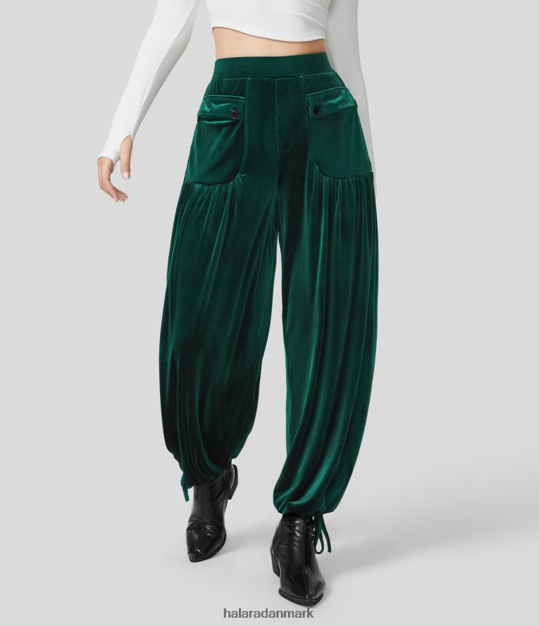 tøj dk Halara Kvinder højtaljede forreste sidelomme flettet justerbar søm fløjl afslappede joggers regnskov TH606J96