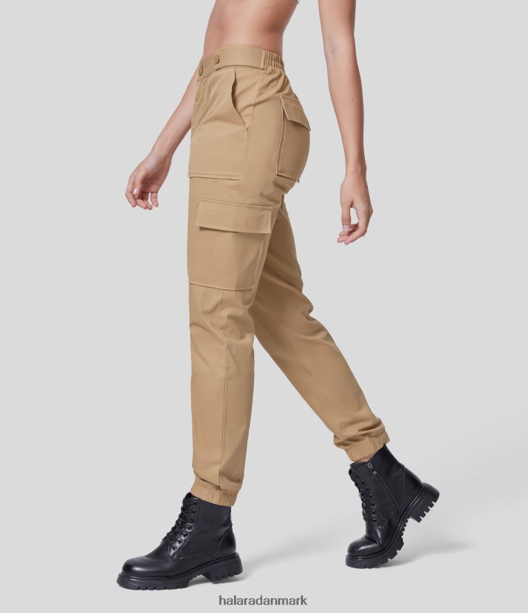 tøj dk Halara Kvinder lynlås med mellemhøj knap flere lommer afslappede cargo joggers i bomuld latte TH606J65