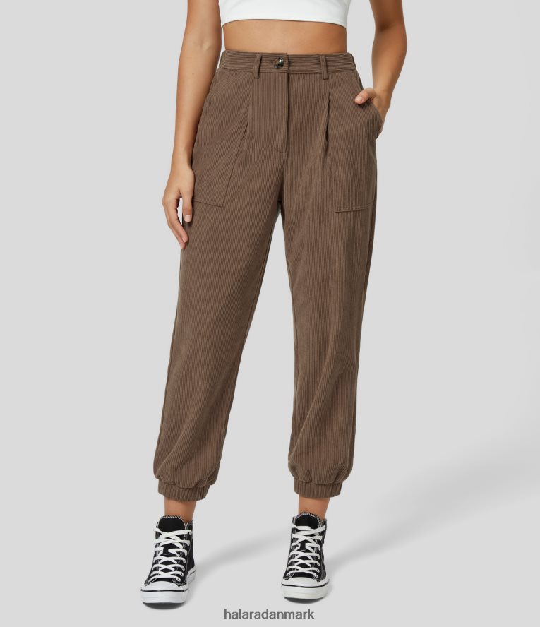 tøj dk Halara Kvinder lynlås med mellemhøj knap med flere lommer fløjlsbukser afslappet kakao brun TH606J4