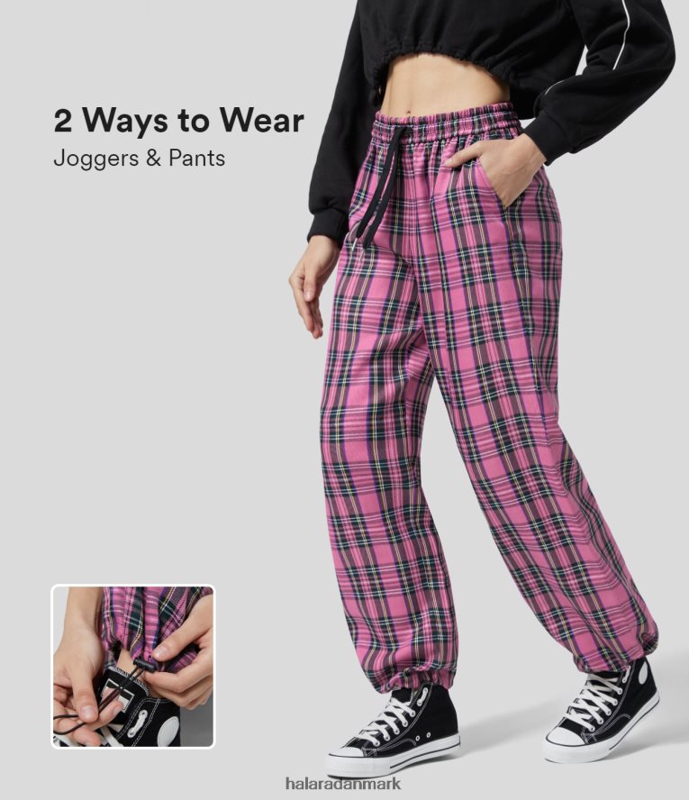 tøj dk Halara Kvinder mellemhøj løbesnor flere lommer justerbare løbesnor plaid afslappede joggers lyserød tartan TH606J100