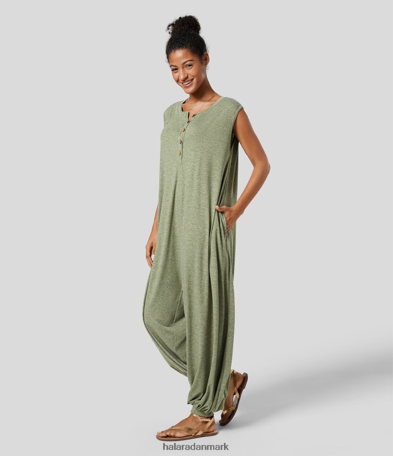 tøj dk Halara Kvinder Henley hals ærmeløs sidelomme relax resort harem jumpsuit lysegrønt blomstergarn TH606J2072