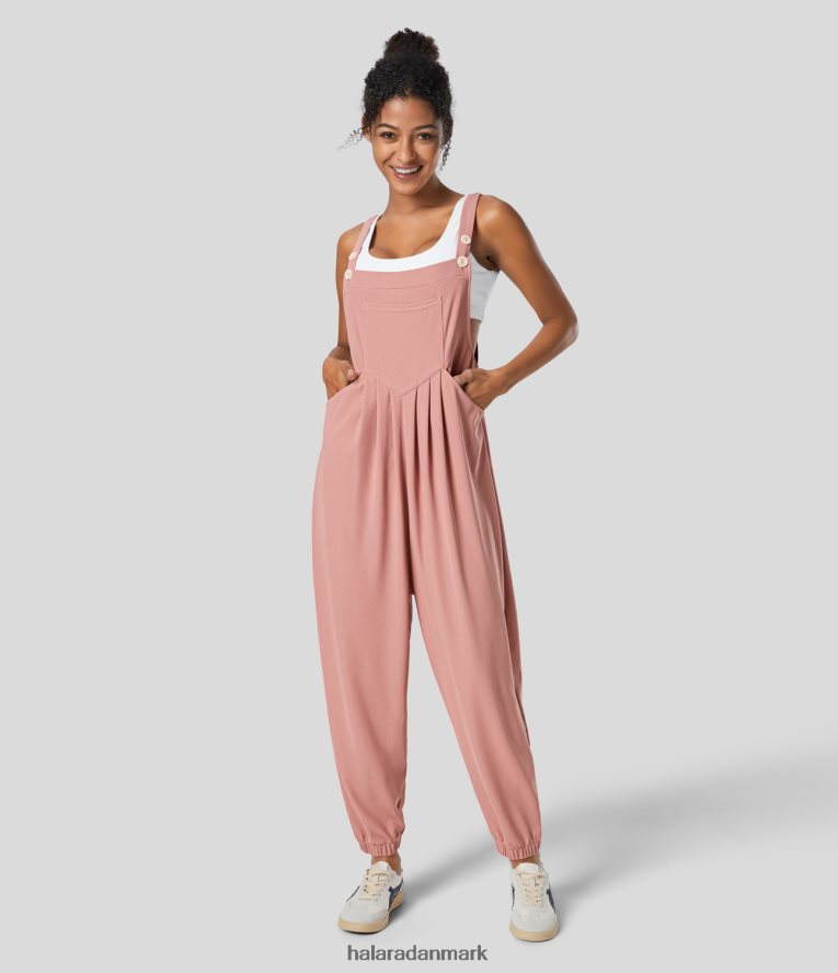 tøj dk Halara Kvinder justerbar rem knap flere lommer flettet vaffel afslappet jogger overalls rosenbrun TH606J2066