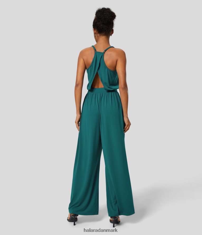 tøj dk Halara Kvinder justerbar rem med rygfri udskåret sidelomme arbejdsjumpsuit turkis grøn TH606J2105