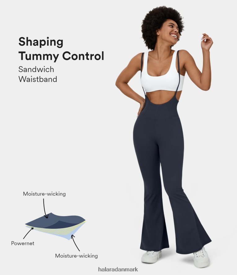 tøj dk Halara Kvinder justerbar spaghetti strop sandwich linning flare casual jumpsuit midnatsblå TH606J2099