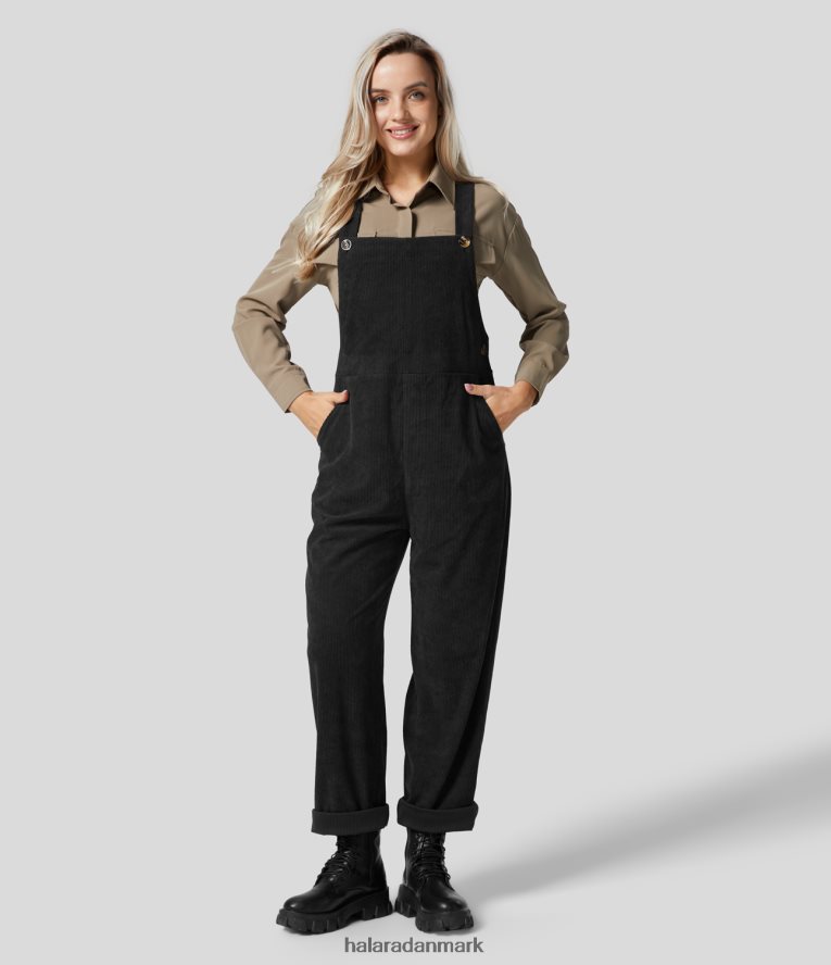 tøj dk Halara Kvinder justerbar strop flere lommer lige ben fløjlsbukser casual overalls sort TH606J2094