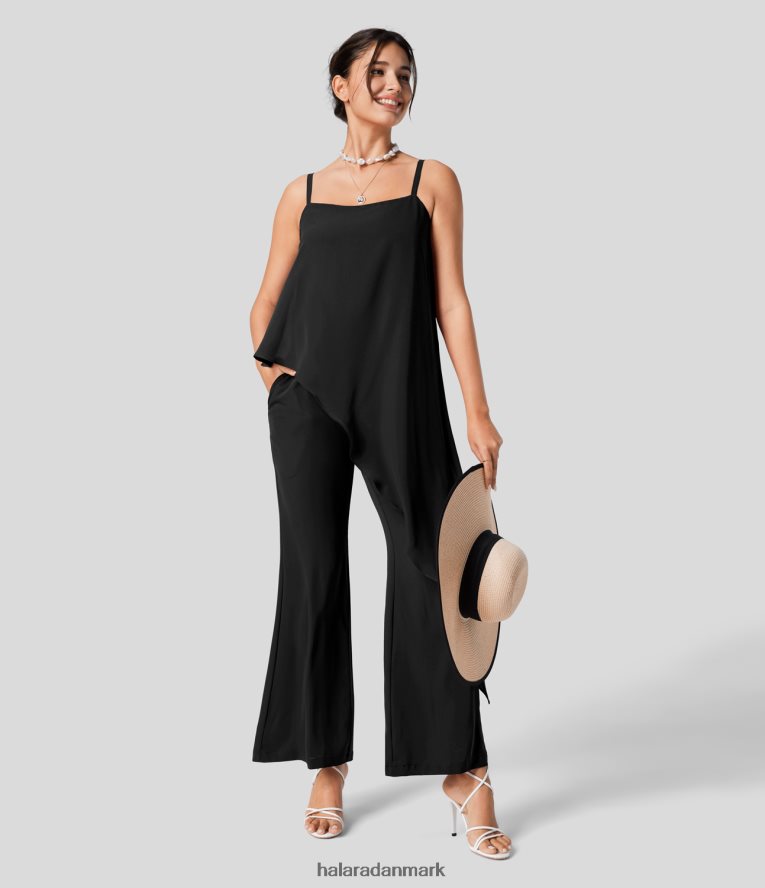 tøj dk Halara Kvinder justerbar strop rygløs usynlig lynlås sidelomme asymmetrisk søm flowy resort jumpsuit sort TH606J2092