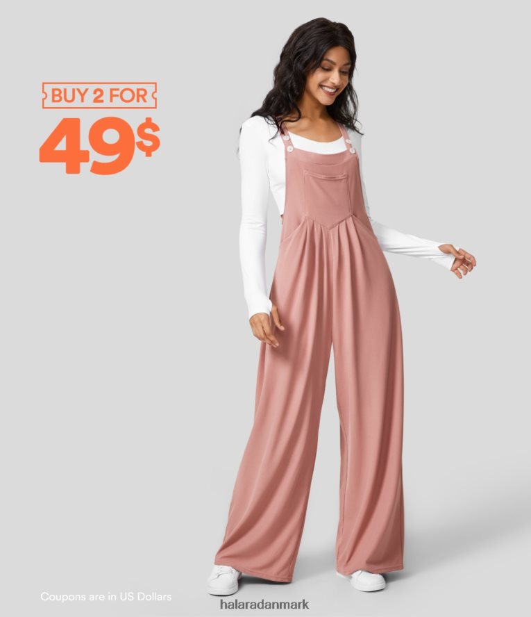 tøj dk Halara Kvinder justerbar stropknap flere lommer flettet vaffel casual overalls rosenbrun TH606J2065