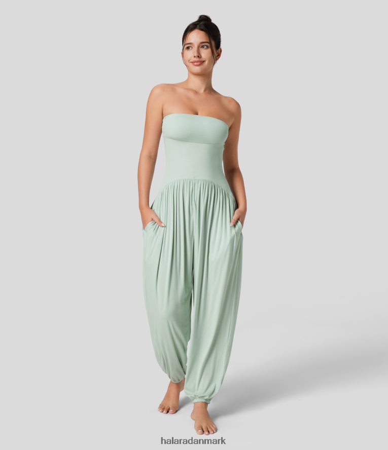 tøj dk Halara Kvinder ribbet rør, rygløs pllikeret sidelomme casual jumpsuit smukkeste jade TH606J2068