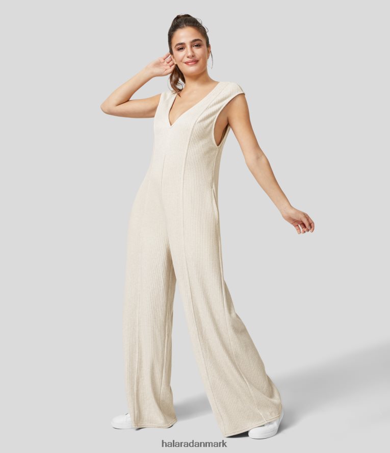 tøj dk Halara Kvinder ribbet v-hals, rygløs sidelomme med brede ben afslappet jumpsuit hviske hvid TH606J2103