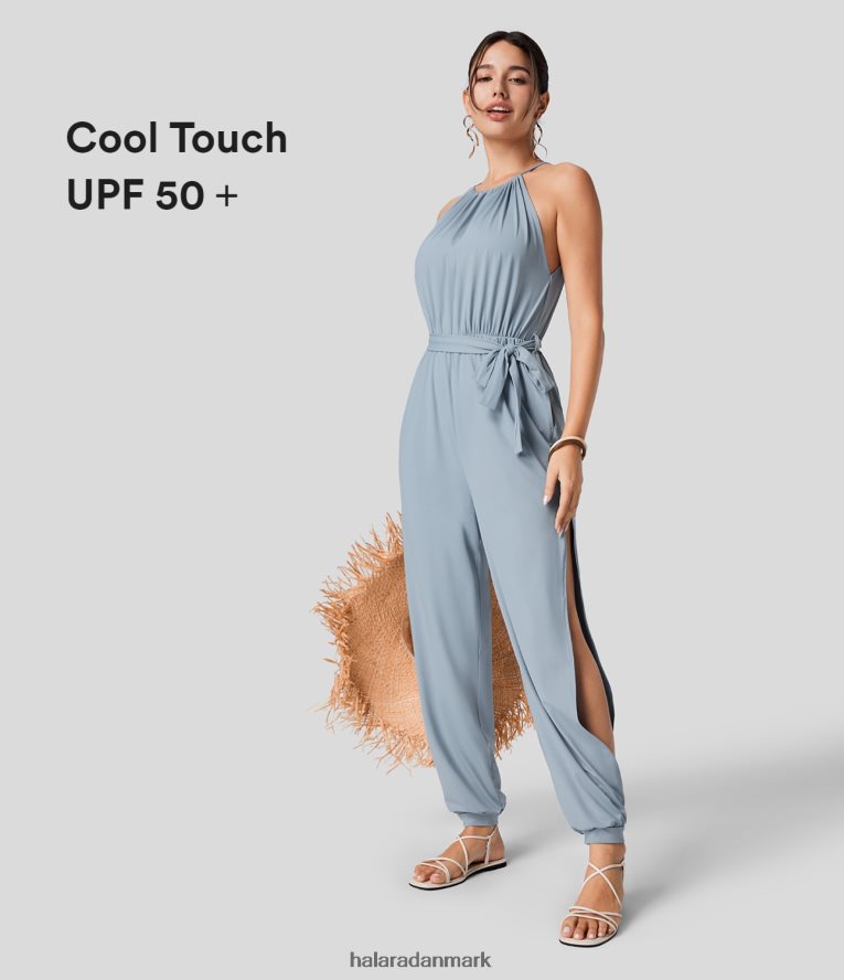 tøj dk Halara Kvinder ærmeløs bindebånd tilbage pletbæltede sidelomme udskåret cool touch resort jumpsuit blå tåge TH606J2071