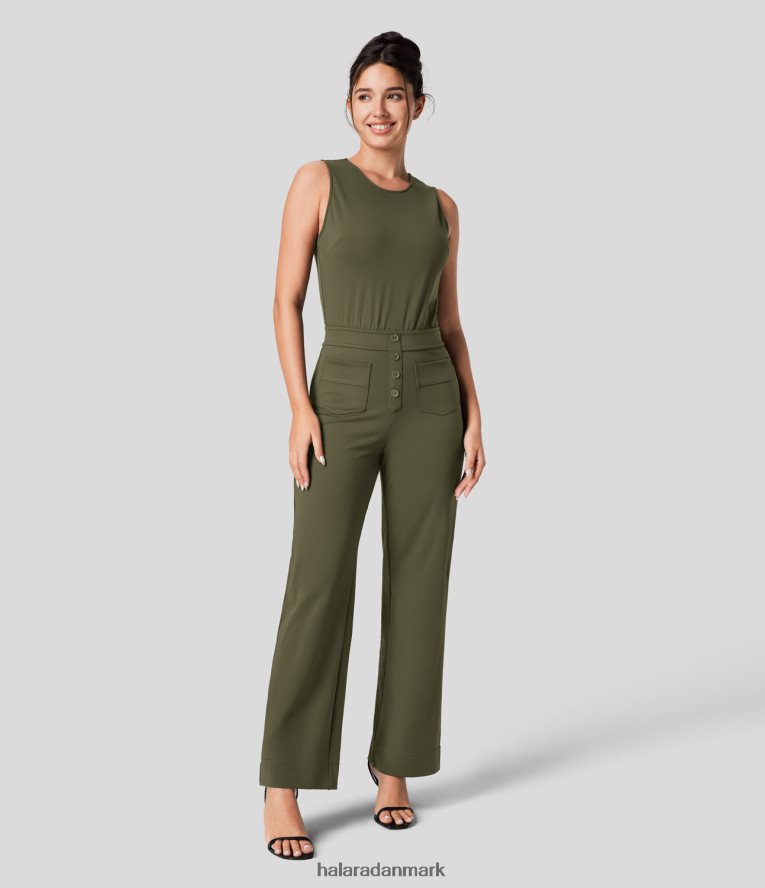 tøj dk Halara Kvinder ærmeløs nøglehuls knap bagpå med flere lommer arbejdsjumpsuit skovnat TH606J2082