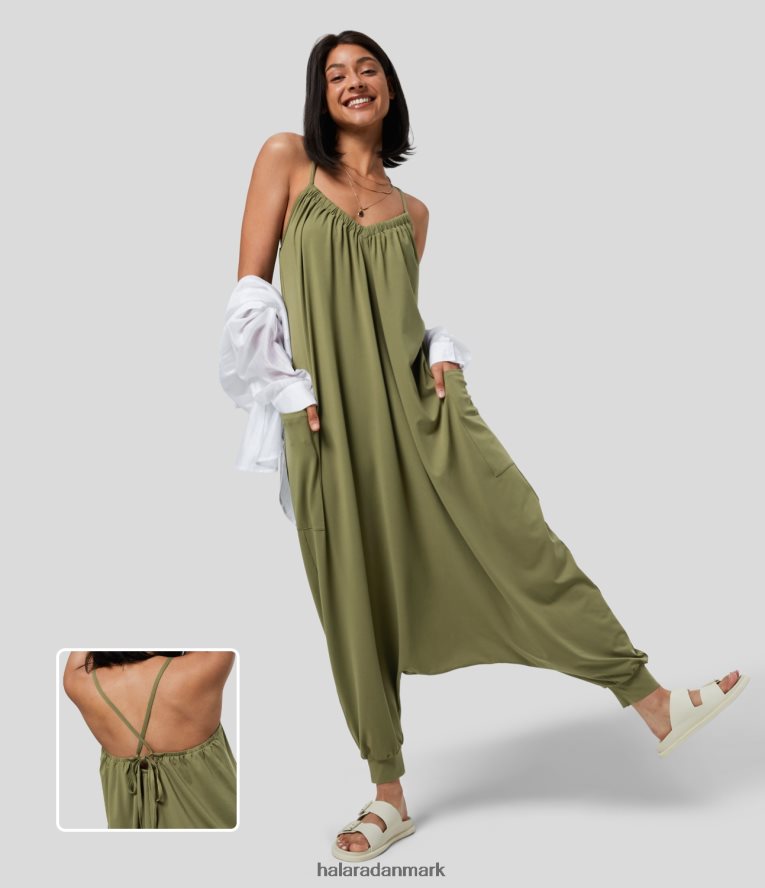 tøj dk Halara Kvinder rygløs på kryds og tværs snørebånd i sidelomme harem casual jumpsuit kapulet oliven TH606J2111