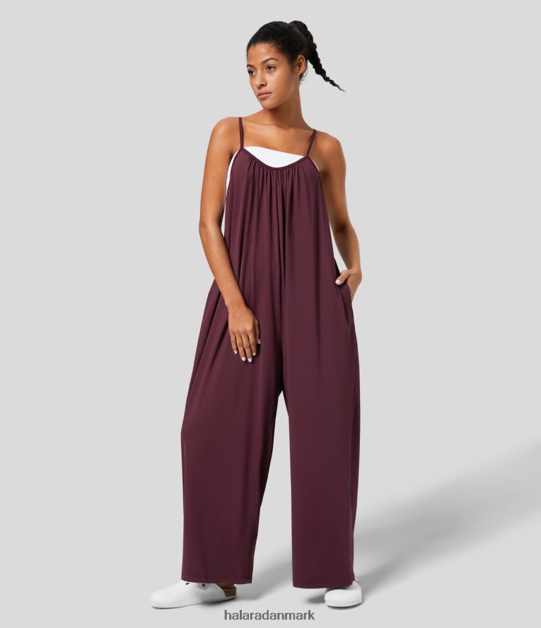 tøj dk Halara Kvinder spaghetti justerbar rem pletsidet sidelomme solid brede ben afslappet løs jumpsuit mørk karmosinrød TH606J2089