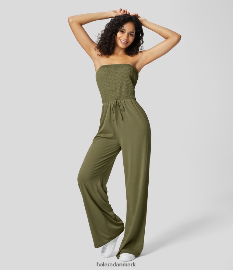 tøj dk Halara Kvinder tube rygfri rynket knude sidelomme brede ben casual jumpsuit kapulet oliven TH606J2081