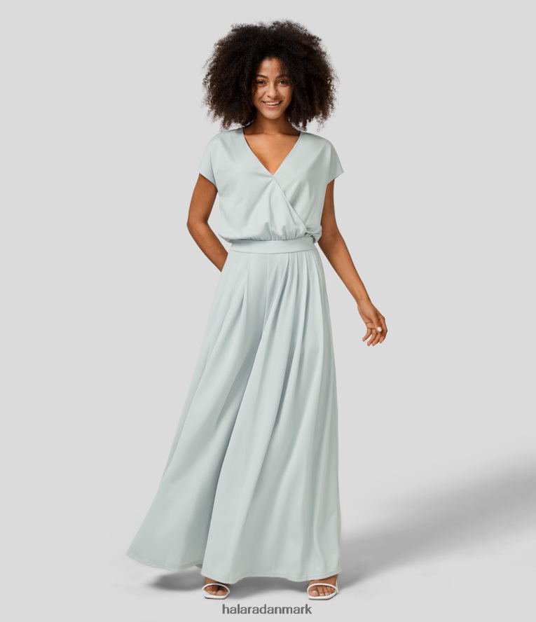 tøj dk Halara Kvinder v-hals kortærmet pletsidelomme med brede ben, flydende vaffel afslappet jumpsuit frostklar dis TH606J2069