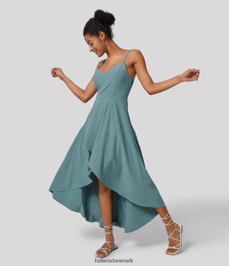 tøj dk Halara Kvinder Breezeful justerbar rem rygløs rynket usynlig lynlås høj lav flydende hurtig tør maxi slip resort kjole sten blå TH606J1162
