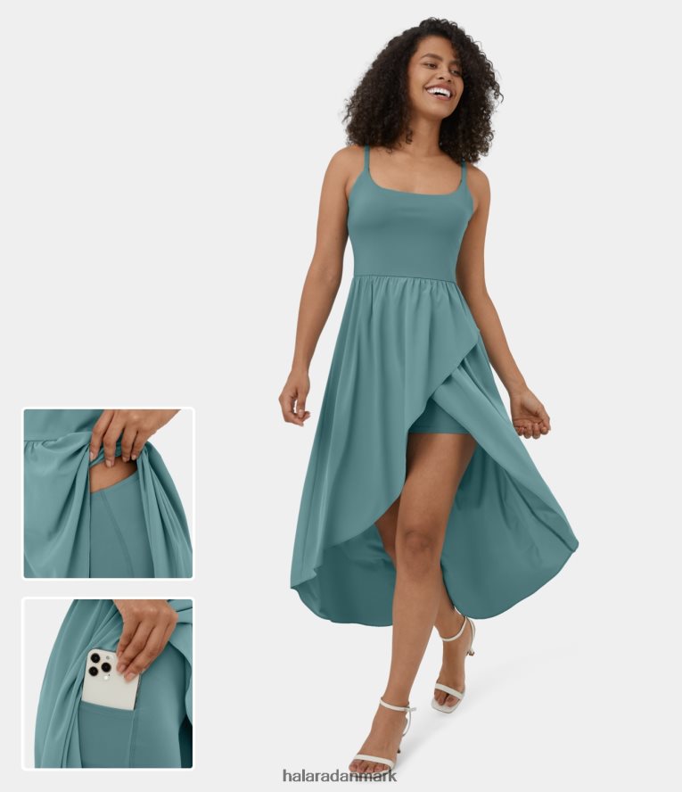 tøj dk Halara Kvinder Breezeful rygløs høj lav 2-delt sidelomme flydende midi hurtigtørrende afslappet kjole sten blå TH606J1132