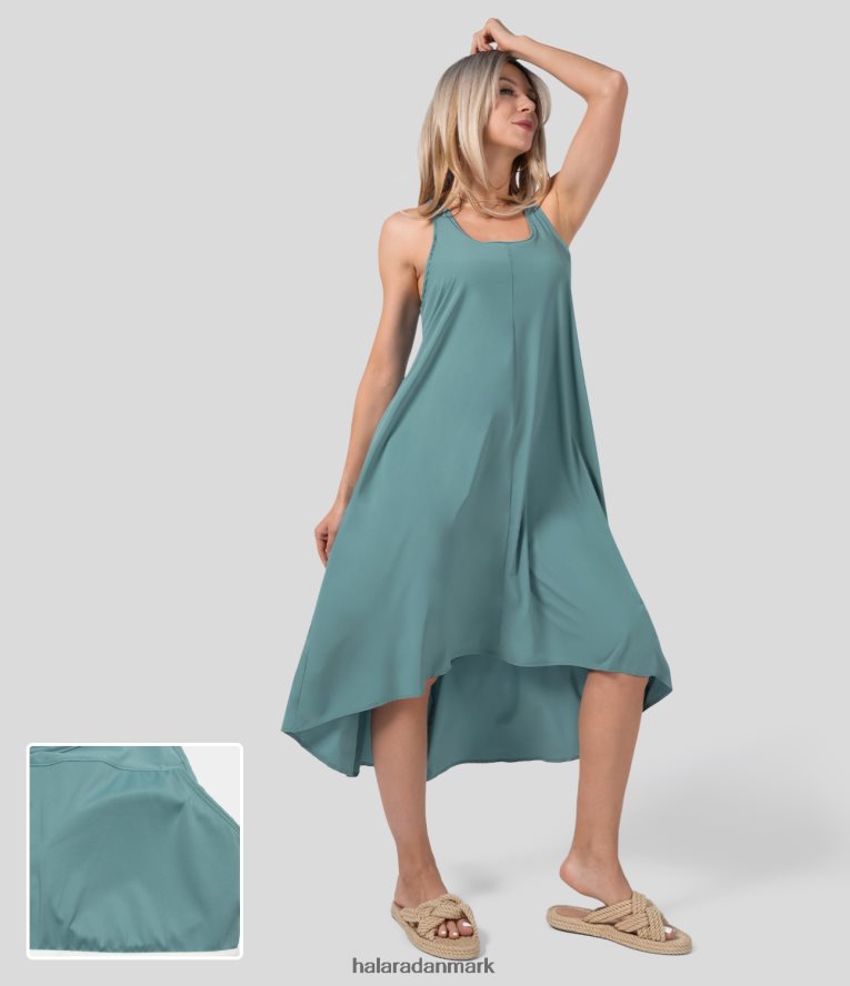 tøj dk Halara Kvinder Breezeful rygløs racerback sidelomme høj lav flydende midi quick dry afslappet kjole sten blå TH606J1131