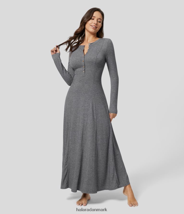 tøj dk Halara Kvinder Rundhalset knap langærmet flare maxi casual kjole darl grey blomstret garn TH606J1147