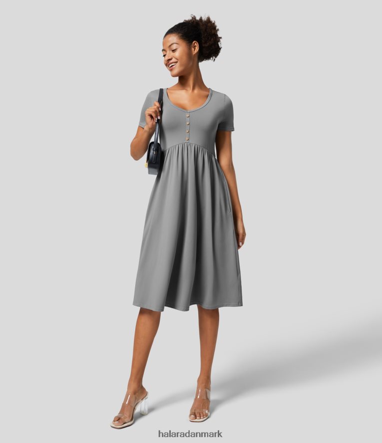 tøj dk Halara Kvinder V-hals dekorativ knap kortærmet sidelomme plet midi casual kjole ultimativ grå TH606J1150