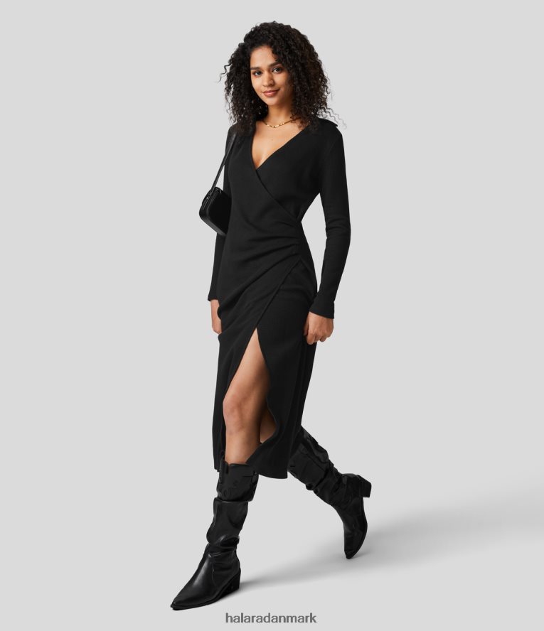 tøj dk Halara Kvinder V-hals krydset rynket splitsøm vaffel afslappet midikjole i bomuld sort TH606J1237