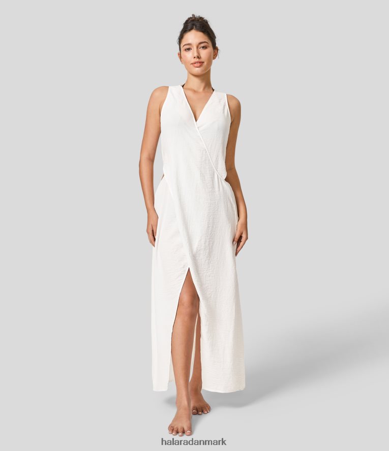 tøj dk Halara Kvinder V-hals ærmeløs udskåret split maxi casual kjole hvid TH606J1142