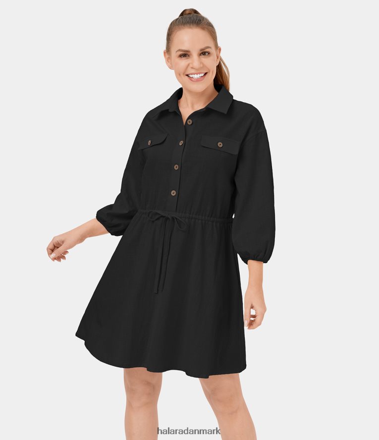 tøj dk Halara Kvinder biskopsærmer med krave og snøre i mini afslappet bomuldskjole original TH606J1072
