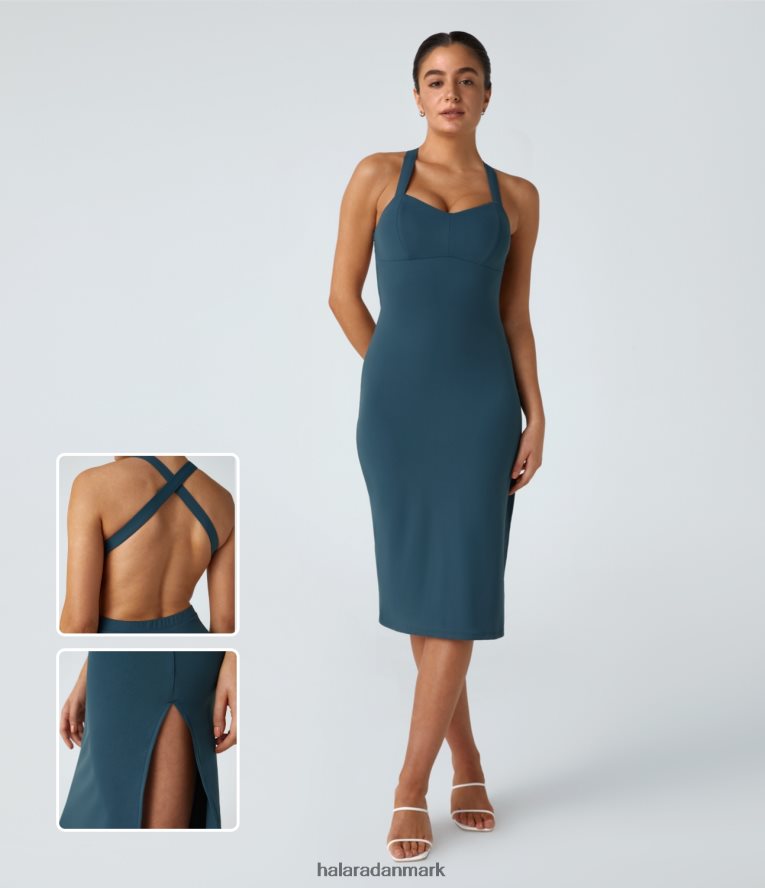 tøj dk Halara Kvinder bodycon midi casual kjole uden ryg på kryds og tværs majolica blå TH606J1104