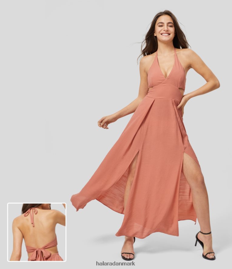 tøj dk Halara Kvinder dyb v-hals grime med rygfri tie back cut-out split søm flydende maxi casual kjole opgående sol orange TH606J1155
