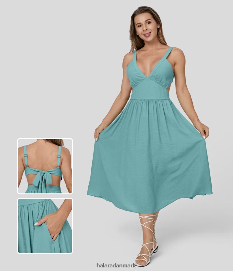 tøj dk Halara Kvinder dyb v-hals ærmeløs rygløs bindebånd tilbage udskåret sidelomme flydende afslappet midikjole nilen blå TH606J1154